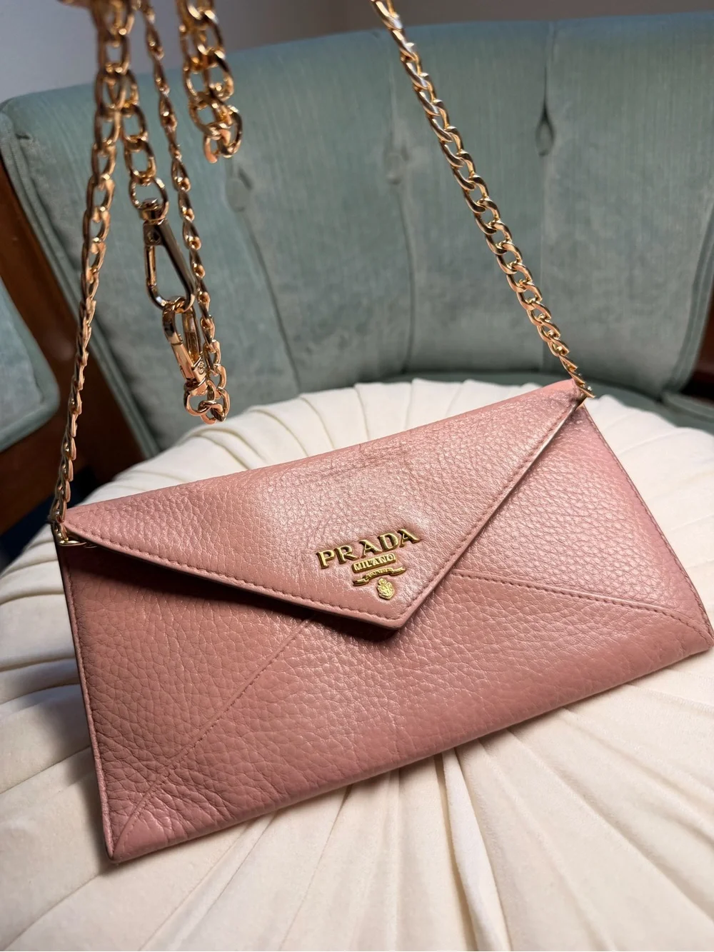 Prada Rose Pink Pebbled Leather Envelope Clutch with Gold Logo